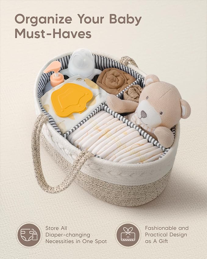 Maliton Extra Large Baby Diaper Caddy Organizer, Cotton Rope Nursery Basket, Portable Diaper Organizer for changing table, Car, Diaper Storage Organizer for Baby Stuff, Baby Shower Gifts for Newborn