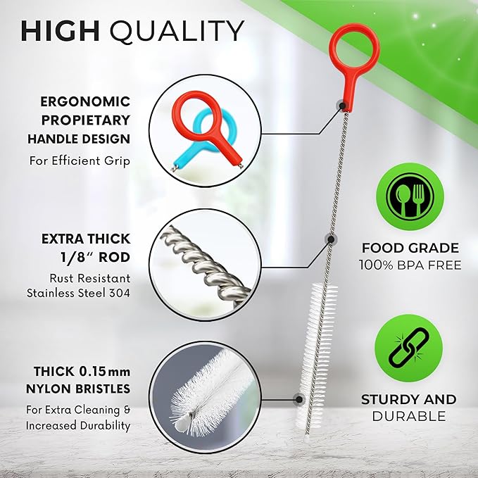 Heavy Duty Cleaning Brushes Set of 4 - Extra Long Straw Cleaners for Metal and Plastic Reusable Drinking Straws, to Clean Small Spaces, Sippy Cups, Water Bottles - Sturdy Hard Brush Bristles