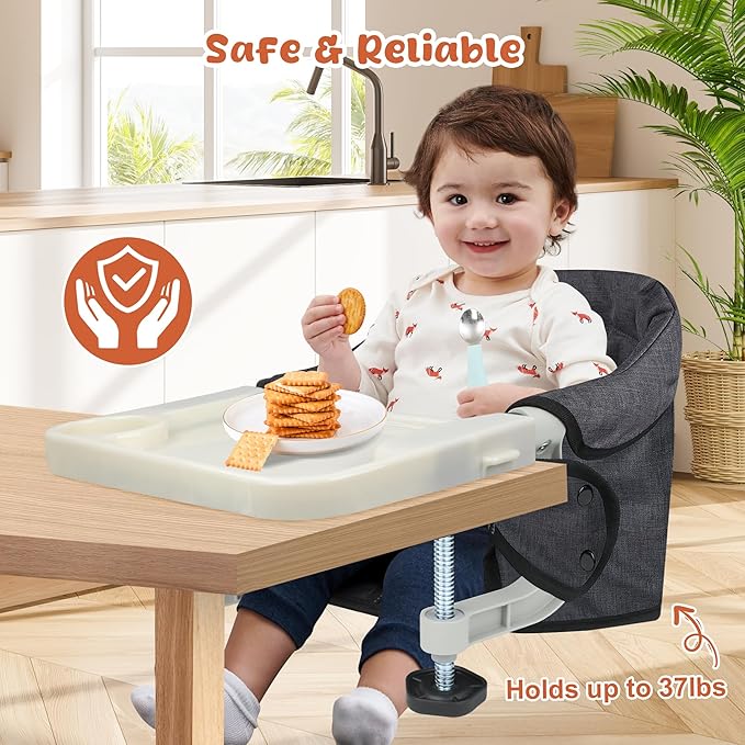 Hook On High Chair, Jozzve Clip on High Chair with Removable Dining Tray for Babies and Toddlers, Fold-Flat Storage Portable Baby Feeding Seat, Attach to Fast Table Chair for Home Travel (Black)