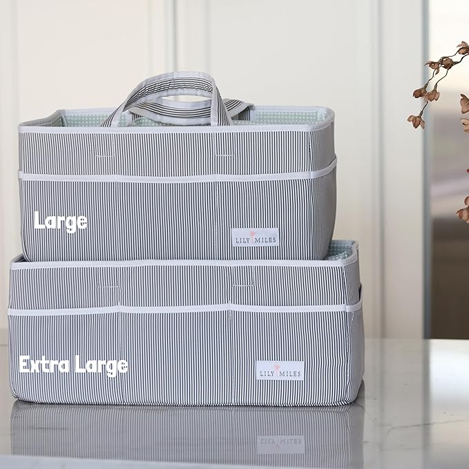 Lily Miles Baby Diaper Caddy - Organizer Tote Bag for Baby Girl Essentials - Baby Shower Basket - Nursery Must Haves - Registry Favorites - Newborn Caddie Car Travel - Gray/Blush, Extra Large