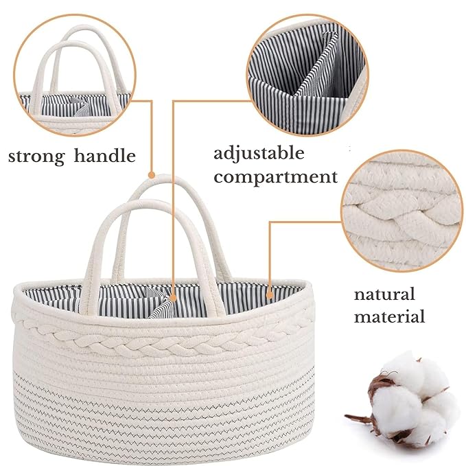 luxury little Diaper Caddy Organizer, Large Cotton Rope Nursery Baby Basket, Changing Table Organizer for Baby Diaper Storage, Portable Car Organizer with Removable Divider, Baby Shower Gifts - White