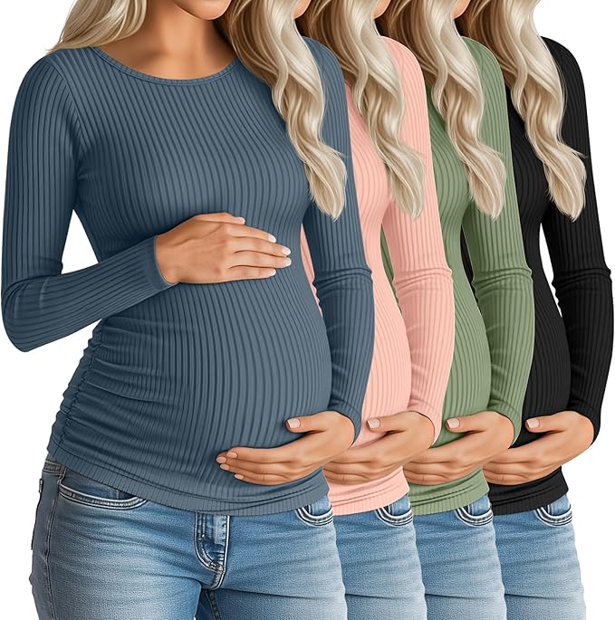 Huukeay 4 Pack Women's Maternity Shirts, Long Sleeve Cotton Ribbed Pregnancy Tops Side Ruched Crew Neck Casual Mama Clothes