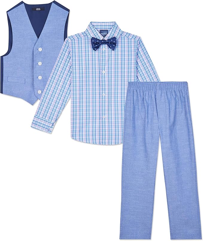 Nautica Boys' 4-Piece Formal Suit Set with Vest, Pants, Collared Dress Shirt, and Tie