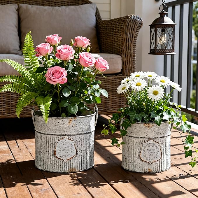 Vintage Galvanized Metal Planter Pots Set of 2, Rustic Farmhouse Flower Pots with Handles, "Potager A Paris 1903" Decorative Planters for Indoor Outdoor Gardening, Succulents, Herbs, Home Decor