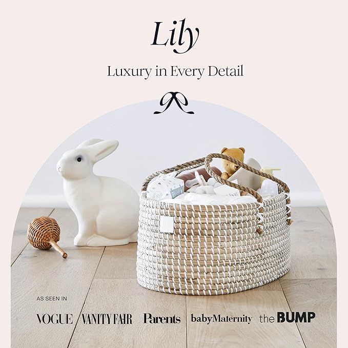 BEBE BASK Premium Baby Diaper Caddy Organizer - Handmade - Seagrass Basket With Cotton Divider - Award-Winning & Luxury Diaper Caddy Basket - White (NATURAL)