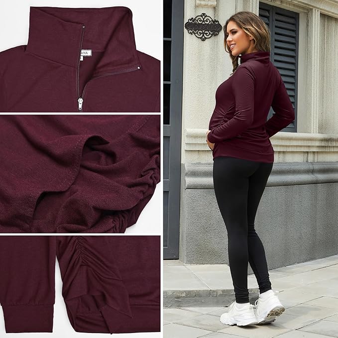 GINKANA Maternity Women's Long Sleeve Shirt Half Zipper Lapel Lightweight Casual Maternity Pullover with Pockets