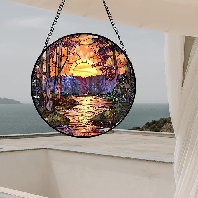 Stained Glass Window Hanging, Orange Landscape Green Purple Lake Forest Suncatcher for Doors Window Home Sun Catchers Decor Mother's Day Birthday Gifts for Women Men Mom 7.8 in