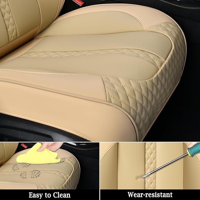 Doogo Front Seat Covers, Leather Car Seat Covers 2-Pack, Waterproof Universal Car Seat Cushions Protectors, Auto Driver Seat Covers Fit for Most Cars Trucks SUV-Beige