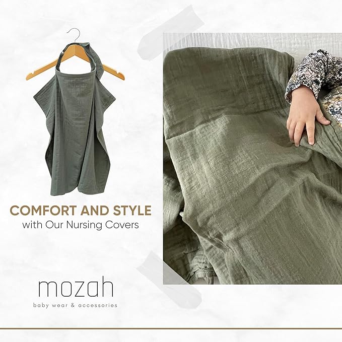 MOZAH 100% Organic Cotton Muslin Nursing Cover for Baby Breastfeeding, Breathable 100% Cotton Breastfeeding Cover with Rigid Hoop for Mother Nursing Apron, Multi-use Carseat Canopy (Roman Green)