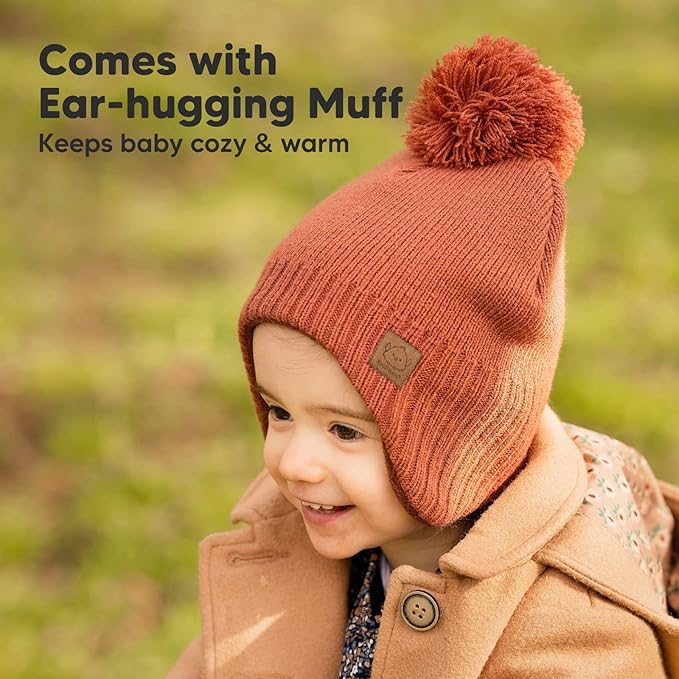 Baby Beanies, Baby Hats for Boys, Girls - Cute Toddler Winter Hat, Soft & Stretchy Beanies for Infant, Newborn 6-36 Months, Cozy & Warm with Earflap Muff & Pom (Clay)