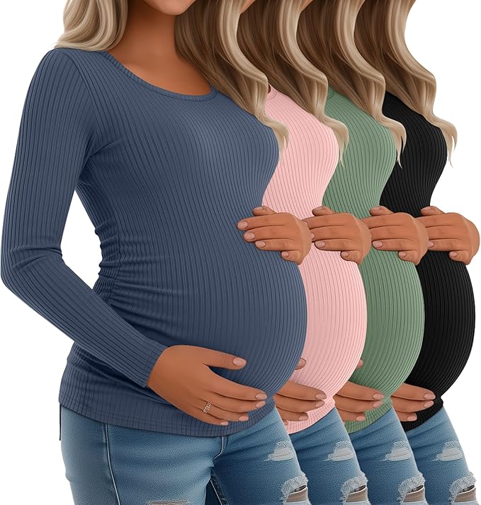 Riyiper 4 Pack Women's Maternity Shirts, Long Sleeve Cotton Ribbed Pregnancy Tee Top Crewneck Side Ruched Casual Mama Clothes