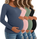 Riyiper 4 Pack Women's Maternity Shirts, Long Sleeve Cotton Ribbed Pregnancy Tee Top Crewneck Side Ruched Casual Mama Clothes