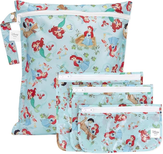 Bumkins - Waterproof Wet Bag & Clear Travel Bags - For Beach, Baby, Travel, Swim Suit, Cloth Diapers, Pump Parts, Pool, Gym, Toiletries - Reusable & Easy to Clean - Disney Ariel - 4 Pack