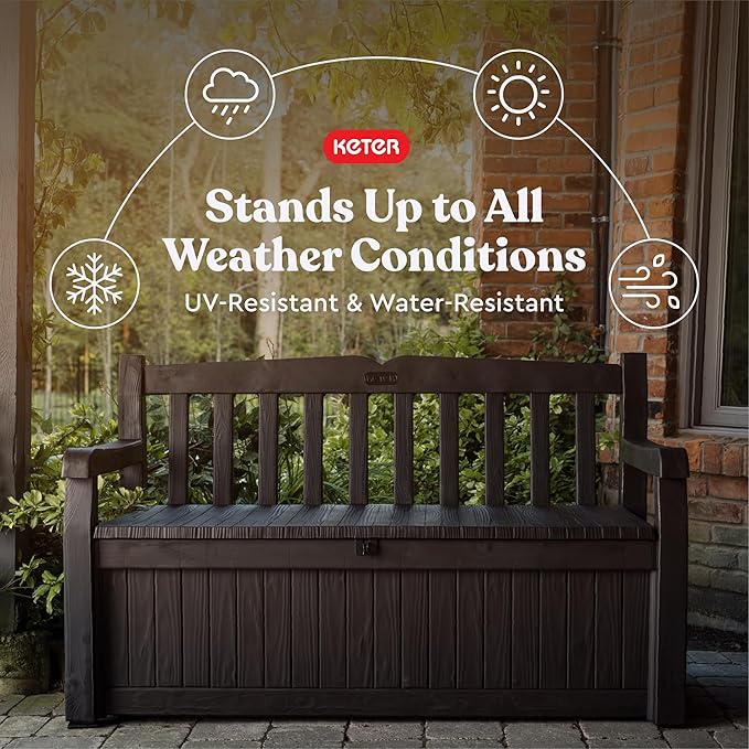 Keter Solana 70 Gallon Storage Bench Deck Box for Patio Furniture, Front Porch Decor and Outdoor Seating – Perfect to Store Garden Tools, Brown/Brown