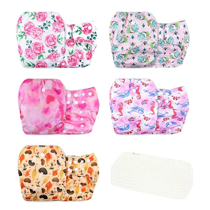 wegreeco Cloth Diapers 5 Pack with 5 Inserts, Washable Cloth Diapers for Babies, One Size Adjustable Reusable (Pink Girly)