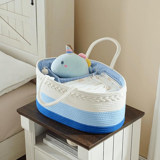 luxury little Diaper Caddy Organizer, Large Cotton Rope Nursery Basket, Changing Table Organizer for Baby Diaper Storage, Portable Car Organizer with Removable Divider, Baby Shower Gifts - Blue