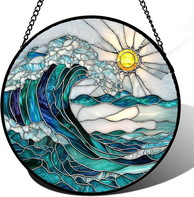 Stained Glass Window Hanging - Blue Green Waves Suncatcher for Door Terrace Garden Home Decor Sunrise Over The Sea Sun Catcher Birthday Gifts for Lovers Women Men Dad Mom Nana 15 in