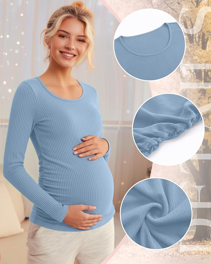 Riyiper 4 Pack Women's Maternity Shirts, Long Sleeve Cotton Ribbed Pregnancy Tee Top Crewneck Side Ruched Casual Mama Clothes
