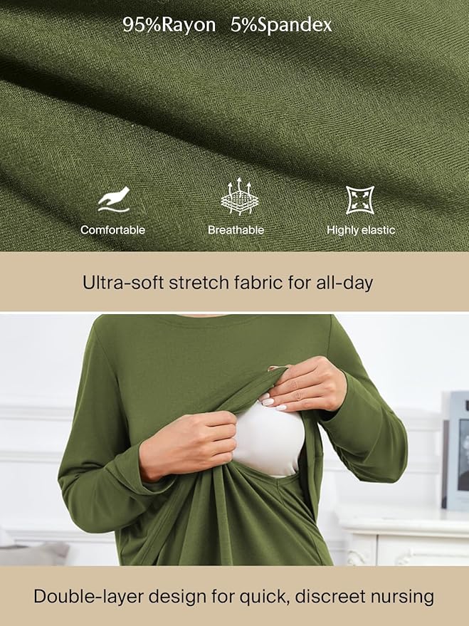 Ecavus Women's 3Pack Maternity Nursing Shirts Long Sleeve Double Layer Breastfeeding Shirts Comfy Pregnancy Clothes
