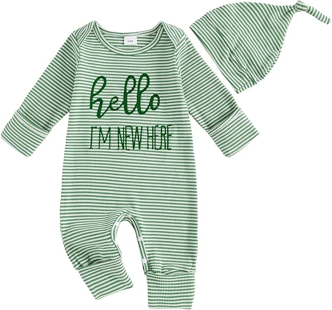 Fernvia Newborn Baby Boy Clothes Letters Print Bodysuit 3 6 9 12 18 Months Long Sleeve Jumpsuit with Hat 2PCS Outfits Set