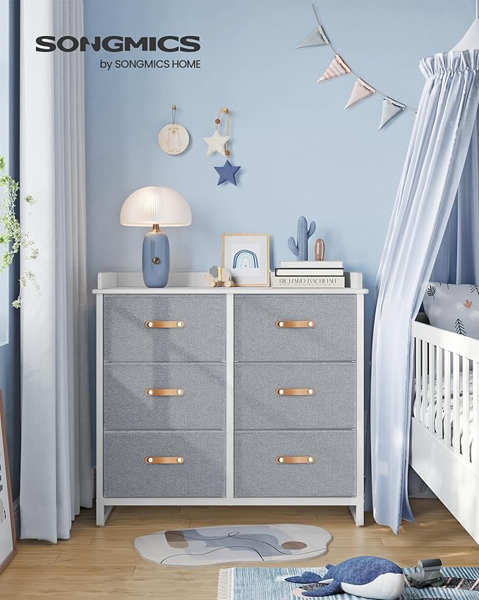 SONGMICS Kids Dresser with 6 Drawers, Boys Girls Dresser, with Water-Resistant Tabletop, Storage Organizer Cabinet, for Bedroom Hallway, Gray UGKR101G01