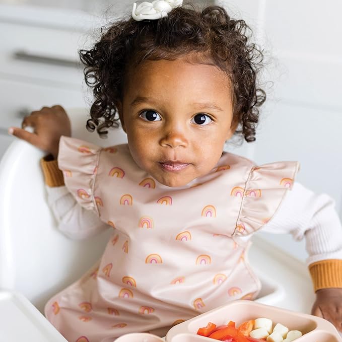 Tiny Twinkle Short Sleeve Apron Baby & Toddler Bib for Girls – Waterproof, Mess-Proof Bibs for Eating & Feeding, Machine Washable,Perfect Holiday Gift (Boho Rainbow, 6–24M)