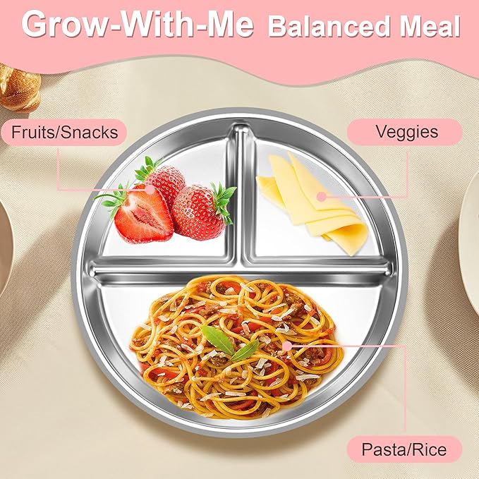 Bella's Friends Stainless Steel Toddler Plates Silicone Suction,3 Packs Non-Slip Baby Plates,Divided Portion,Food-Grade Silicone Plate for Kids,LEAD-FREE Dishwasher Safe, Gray White Green