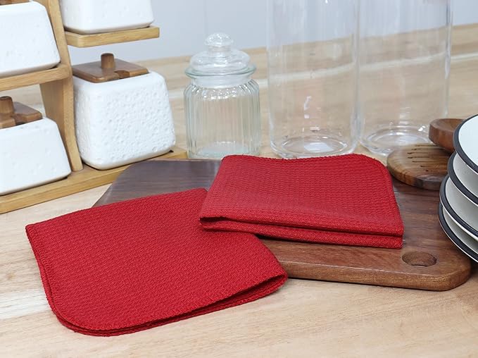 PurpleEssences Dish Cloths and Dish Rags - 6 Pack Waffle Weave Solid Kitchen Dish Wash Cloths, 100% Cotton, 12 x 12 Inches, Ultra Soft Absorbent Quick Drying - Fall Thanksgiving - Red