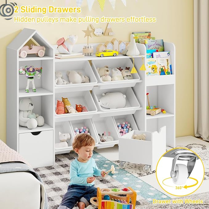 Vabches Kids Toy Organizer with 8 Removable Toy Bins, 4-Tier Toy Storage Organizers W/4 Storage Cubbies, Bookshelf 2 Toy Storage Box on Wheels for Playroom, Kids Room, Nursery Room, White