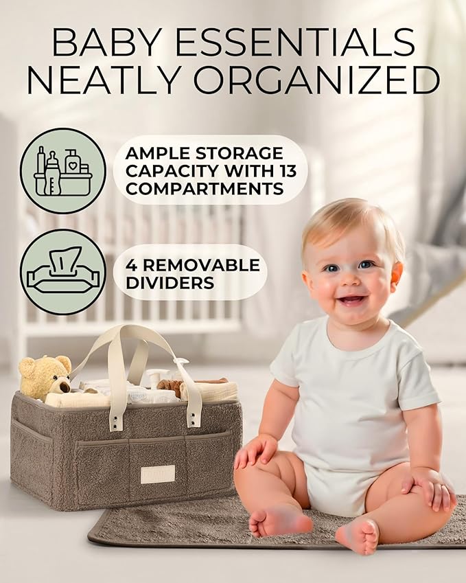 Baby Diaper Caddy Organizer with Portable Changing Mat - Teddy Fleece Diaper Organizer for Changing Table - Basket for Changing Essentials - Baby Essentials Organizer with Removable Dividers