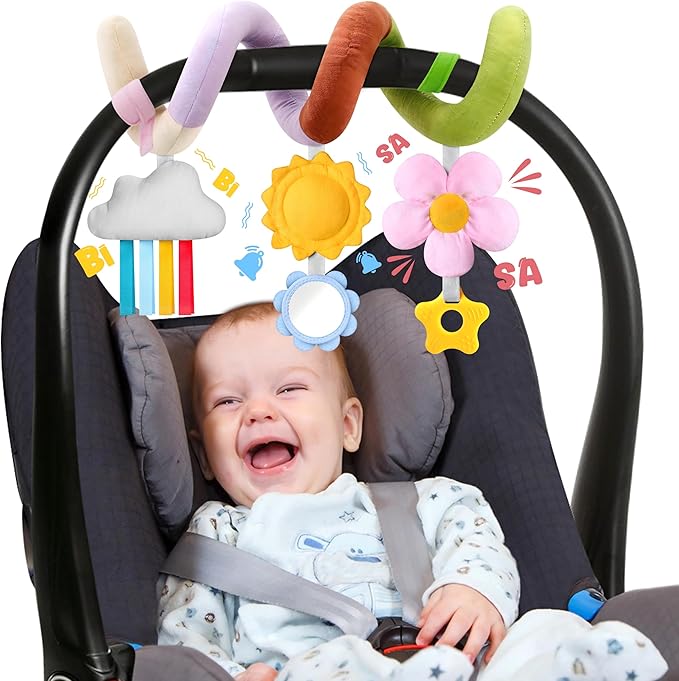 Stuffed Spiral Baby Car Seat Toys, Best Newborn, Soft Infant Essentials Must Have Hanging Toys (Vibrant Nature)