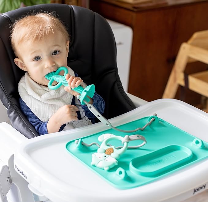 BUSY BABY Silicone Mat Bundle - 1 Original Mat Plus 1 Mini Mat, New Stronger Suction Cups, 6 Straps to Secure Baby Essentials and Keep Them Off The Floor, Baby Led Weaning, Wet Bag Included (Blue)