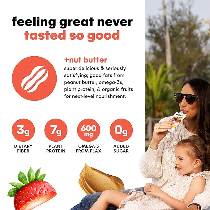 Noka Superfood Fruit & Nut Butter Smoothie Pouches, Healthy Snacks (Strawberry Peanut Butter) 6 Pack, Vegan, Plant Protein, Gluten-Free, Organic, Meal Replacement Squeeze Packs, 4.22oz Ea