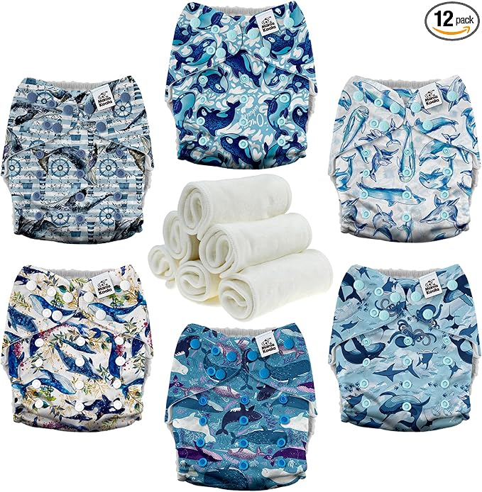 Mama Koala 3.0 Pocket Cloth Diapers for Babies with AWJ Lining, 6 Pack with 6 4-Layer Natural Cloth Diaper Inserts - Reusable and Washable Pocket Diapers(Whales)
