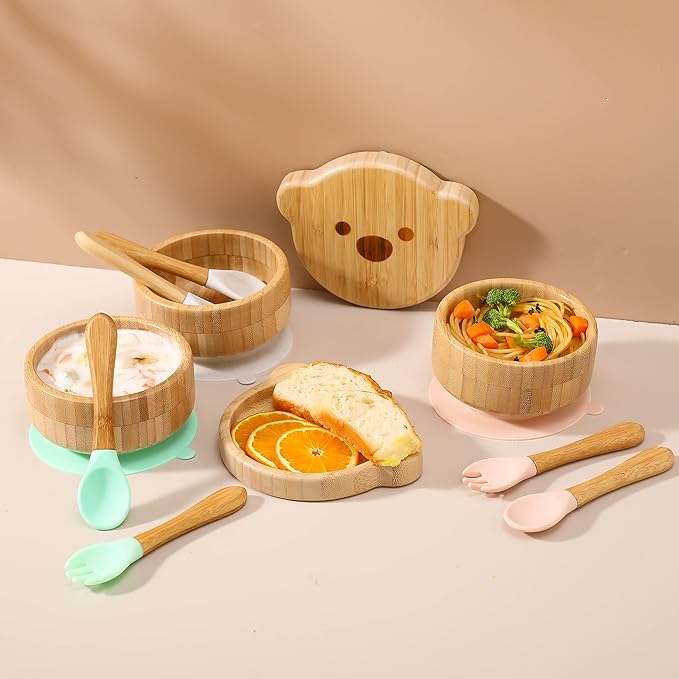 Baby Bowls with Lid,HBM Bamboo Suction Bowls for Baby and Spoon Set,3PC Feeding Supplies Set for Infant, Toddlers,Detachable Silicone Suction Stay Put Base for Wooden Bowl (Pink)