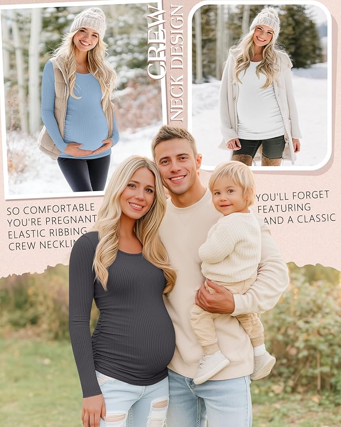 Riyiper 4 Pack Women's Maternity Shirts, Long Sleeve Cotton Ribbed Pregnancy Tee Top Crewneck Side Ruched Casual Mama Clothes