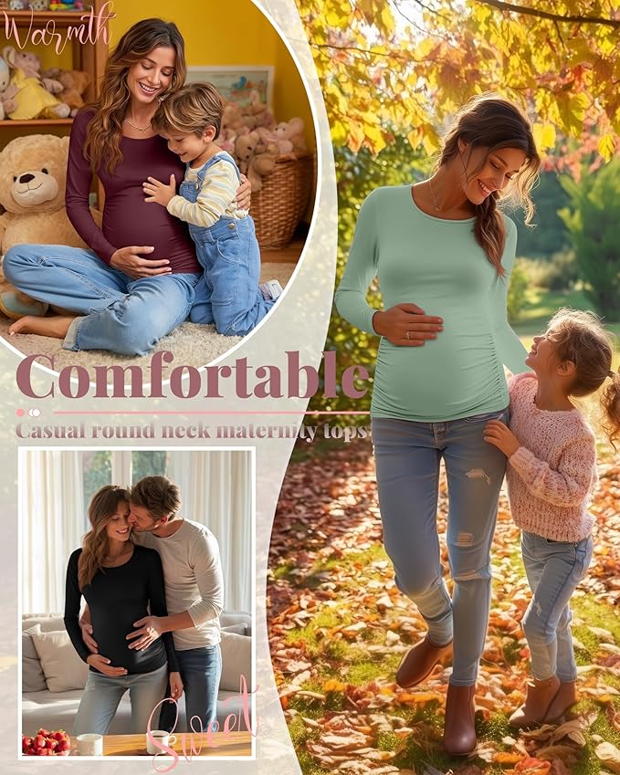 Ficerd 3 Pack Women's Maternity Shirts, Long Sleeve Side Ruched Pregnancy Tee Tops Crew Neck Casual Mama Clothes Basic Tunic