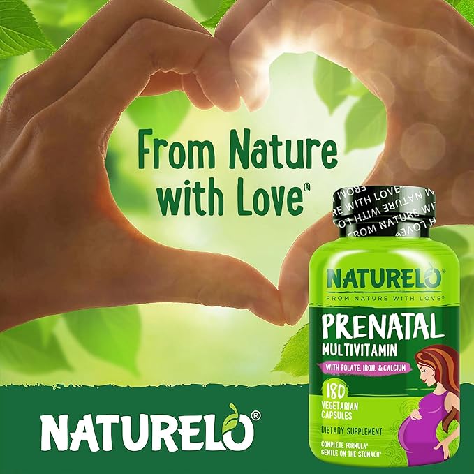 NATURELO Prenatal Multivitamin with Gentle Chelated Iron, Methyl Folate, Plant Calcium & Choline - Vegan, Vegetarian - Non-GMO - Gluten Free - 180 Capsules - 2 Month Supply