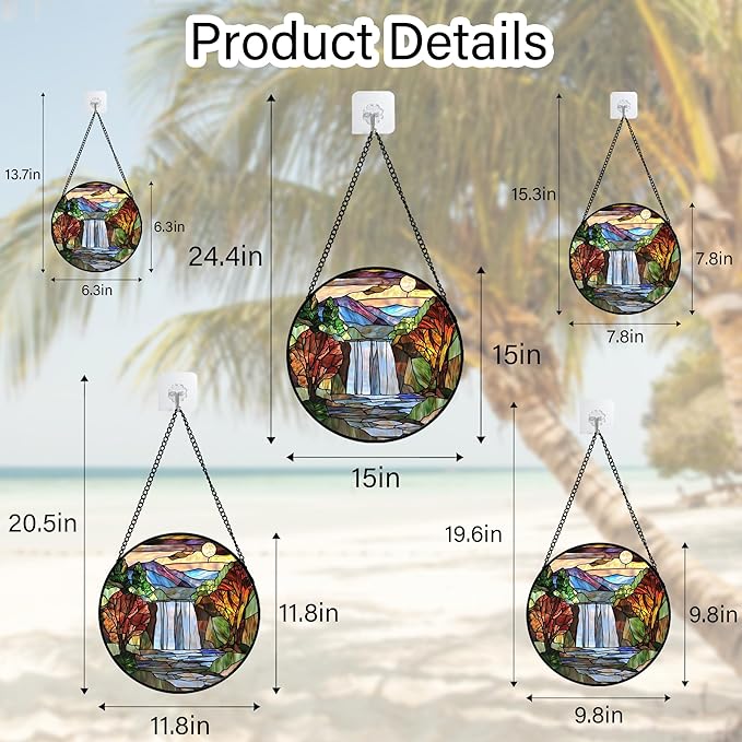 Stained Glass Window Hanging, Abstract Landscape Waterfall Mountains Trees Suncatcher for Doors Window Home Sun Catchers Decor Mother's Day Birthday Gifts for Women Men Mom 7.8 in