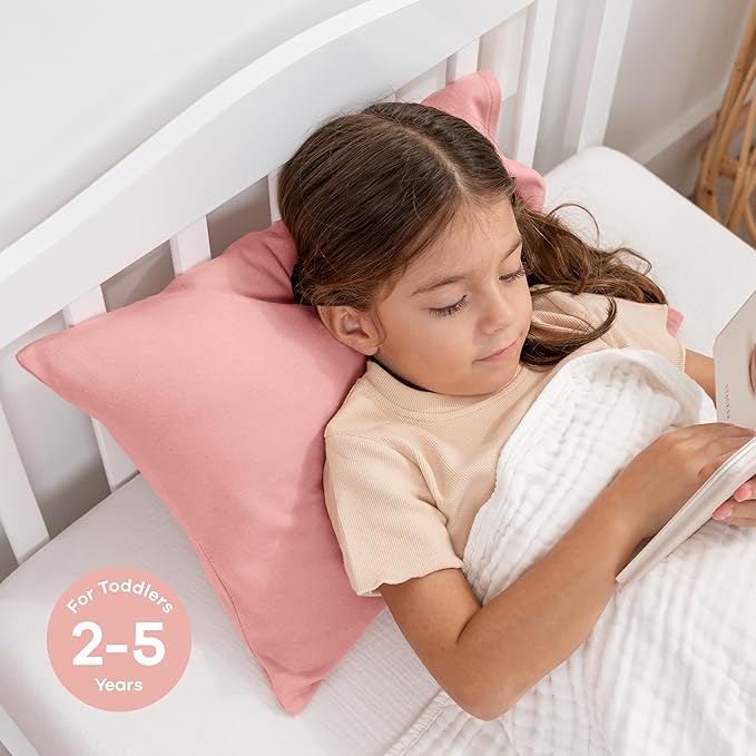 Comfy Cubs Toddler Pillow with Cotton Pillowcase, 13 x 18 in, 2 Pack - Travel and Sleep Support for Kids - Lightweight, Breathable Microfiber Fill - Soft and Cozy Small Pillow for Toddlers - Blush