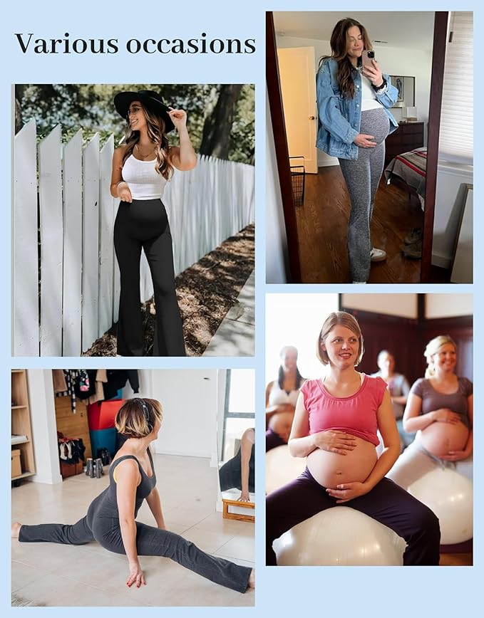 Fotociti Maternity Flare Leggings with Pockets, Women’s Soft Pregnancy Pants Over The Belly For Yoga Workout Active