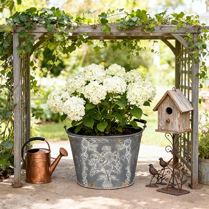 Vintage Embossed Metal Planter Pot with Handle, Rustic Farmhouse Flower Bucket, 11.81" Decorative Garden Pot for Indoor Outdoor Plants, Succulents, Herbs, Home Decor Accent