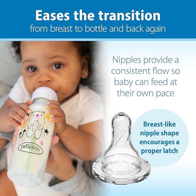 Dr. Brown's Natural Flow Anti-Colic Options+ Narrow Baby Bottle, Bear & Owl, 8 oz/250 mL, with Level 1 Slow Flow Nipple, BPA Free, 0m+, 2-Pack