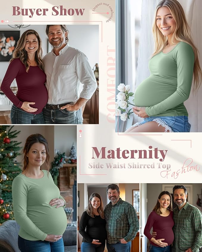 Ficerd 3 Pack Women's Maternity Shirts, Long Sleeve Side Ruched Pregnancy Tee Tops Crew Neck Casual Mama Clothes Basic Tunic