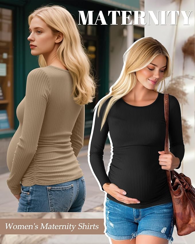Huukeay 4 Pack Women's Maternity Shirts, Long Sleeve Cotton Ribbed Pregnancy Tops Side Ruched Crew Neck Casual Mama Clothes