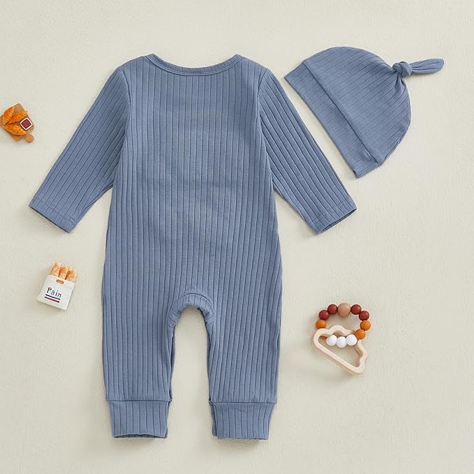 Fernvia Newborn Baby Boy Clothes Letters Print Bodysuit 3 6 9 12 18 Months Long Sleeve Jumpsuit with Hat 2PCS Outfits Set