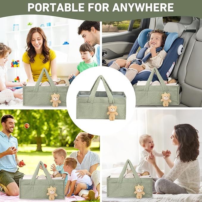 Diaper caddy, wipes, and baby essentials. Versatile as a changing table organizer or car caddy. Portable and stylish in green. Comes with a gift bag—ideal for baby showers