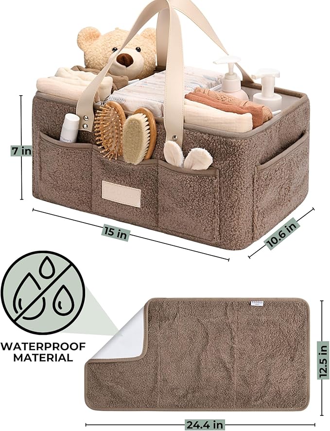 Baby Diaper Caddy Organizer with Portable Changing Mat - Teddy Fleece Diaper Organizer for Changing Table - Basket for Changing Essentials - Baby Essentials Organizer with Removable Dividers