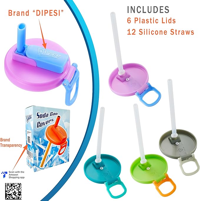 6 pack 6 color Soda Can Lids with Straws, Reusable Silicone Straws Soda Can Covers, BPA-Free,Airtight Seal, Easy to Use, Prevents Spills, Fits Standard Cans.