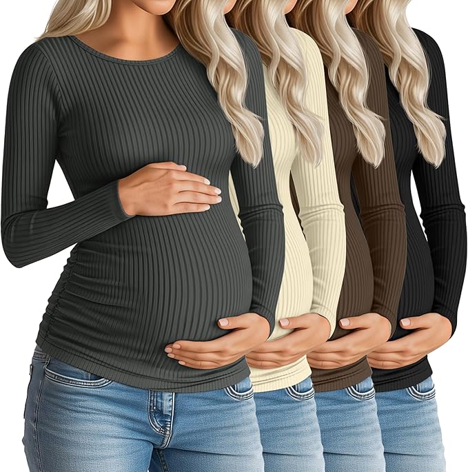 Huukeay 4 Pack Women's Maternity Shirts, Long Sleeve Cotton Ribbed Pregnancy Tops Side Ruched Crew Neck Casual Mama Clothes